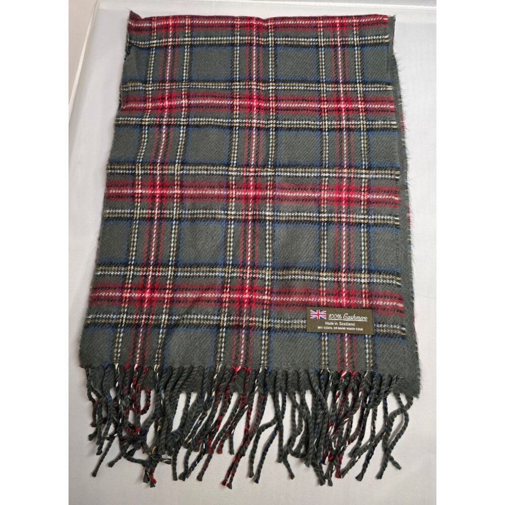 Vintage Gray & Red Tartan 100% Cashmere Scarf With Fringe old money warm soft